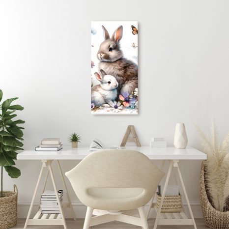 WANDBILD FRÜHLINGSWIESE MIT KANINCHEN UND SCHMETTERLINGEN - KINDERBILDER TIERE - BILDER