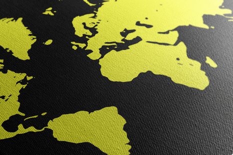 WANDBILD GELBE WELTKARTE AUF SCHWARZEM HINTERGRUND - WELTKARTEN ALS BILDER - BILDER