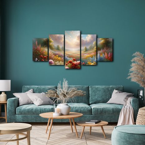 5-TEILIGES WANDBILD BLÜHENDE WIESE IN LANDSCHAFT - WANDBILDER FELDER UND WIESEN - BILDER