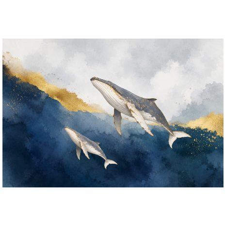 ZELFKLEVEND FOTOBEHANG AQUARELWALVISSEN IN GOUDBLAUW - FOTOBEHANG ZEELEVEN - FOTOBEHANG