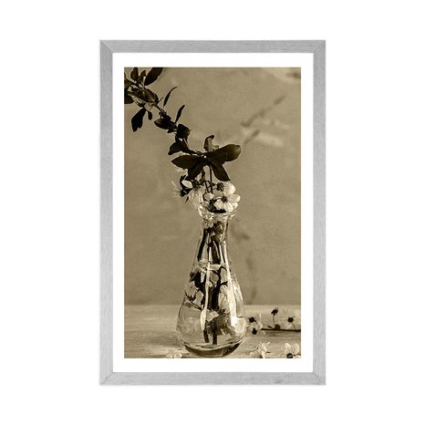 PLAKAT S PASPARTUOM GRANČICA TREŠNJE U VAZI U SEPIJASTOM TONU - CRNO-BIJELE - PLAKATI