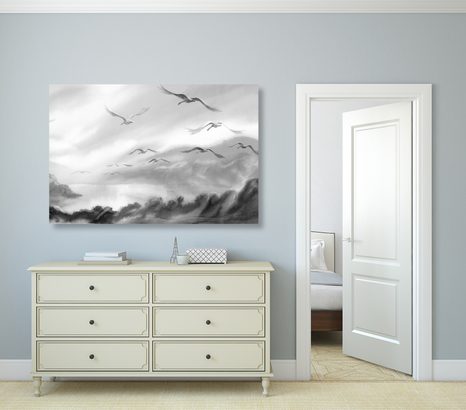 QUADRO SU TELA – VOLO DI UCCELLI SOPRA IL PAESAGGIO IN BIANCO E NERO - QUADRI BIANCO E NERO - STAMPE E QUADRI