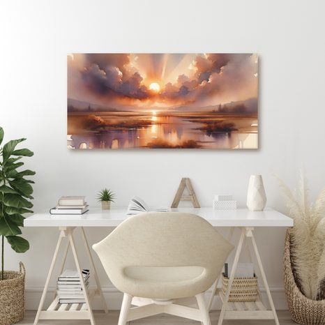 WANDBILD SONNE ÜBER RUHIGER WASSERFLÄCHE - BILDER VON SONNENAUFGANG UND SONNENUNTERGANG - BILDER