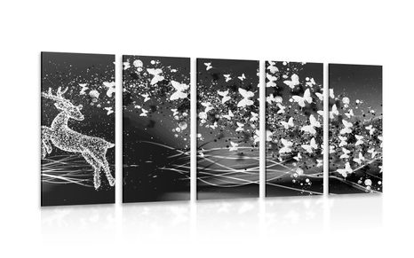 5-PIECE CANVAS PRINT BEAUTIFUL DEER WITH BUTTERFLIES IN BLACK AND WHITE - BLACK AND WHITE PICTURES - PICTURES