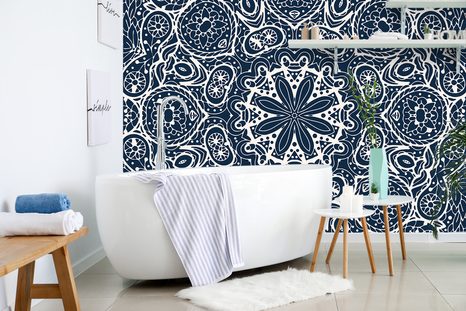 TAPETA BÍLÁ MANDALA NA MODRÉM POZADÍ - TAPETY FENG SHUI - TAPETY