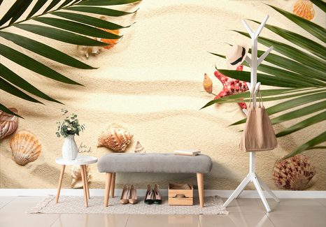 CARTA DA PARATI – CONCHIGLIE SOTTO FOGLIE DI PALMA - CARTA DA PARATI NATURA - CARTA DA PARATI
