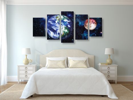5-DIELNY OBRAZ PLANÉTA ZEM A ČERVENÝ MESIAC - OBRAZY VESMÍRU A HVIEZD - OBRAZY