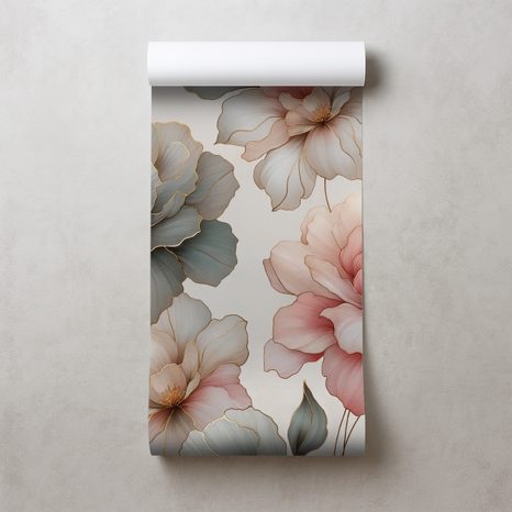 FOTOTAPETE ELEGANTE PASTELLFARBENE BLUMEN MIT BLÄTTERN - TAPETEN MIT BLUMENMOTIVEN - TAPETEN