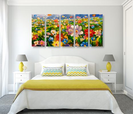 5-DÍLNÝ OBRAZ OLEJOMALBA LUČNÍ KVĚTINY - OBRAZY KVĚTŮ - OBRAZY