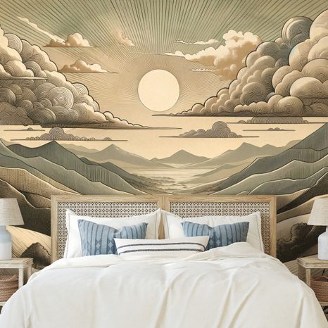 SAMOLEPÍCÍ TAPETA VINTAGE KRAJINA S HORAMI A SLUNCEM - TAPETY HORY - TAPETY