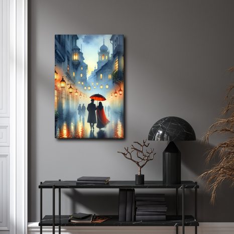 WANDBILD LIEBESPAAR IM REGEN ZWISCHEN HISTORISCHEN GEBÄUDEN - BILDER VON MENSCHEN - BILDER