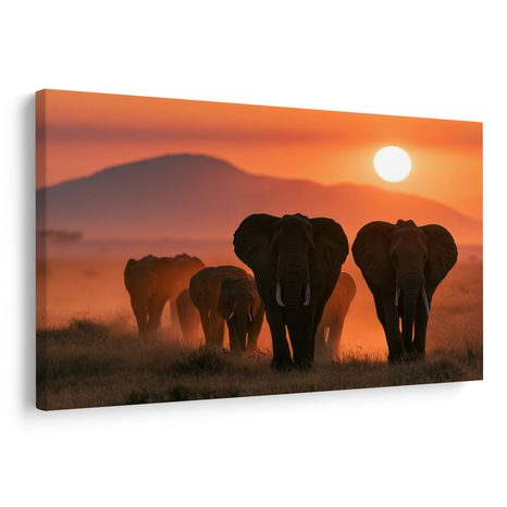 TABLEAU SUR TOILE – ÉLÉPHANTS AU COUCHER DU SOLEIL - TABLEAUX ÉLÉPHANTS - TABLEAUX