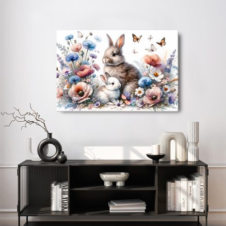 WANDBILD KANINCHEN IM BLÜHENDEN FRÜHLINGSGARTEN - KINDERBILDER TIERE - BILDER