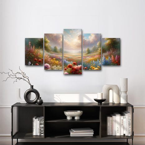 5-TEILIGES WANDBILD BLÜHENDE WIESE IN LANDSCHAFT - WANDBILDER FELDER UND WIESEN - BILDER