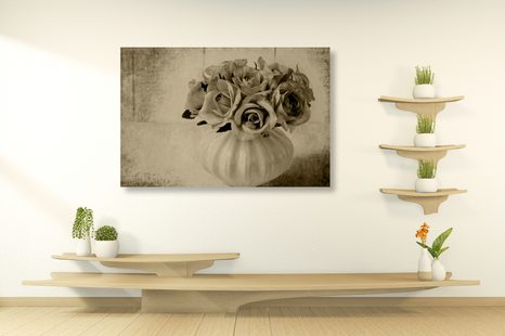 OBRAZ RŮŽE VE VÁZE V SÉPIOVÉM PROVEDENÍ - ČERNOBÍLÉ OBRAZY - OBRAZY