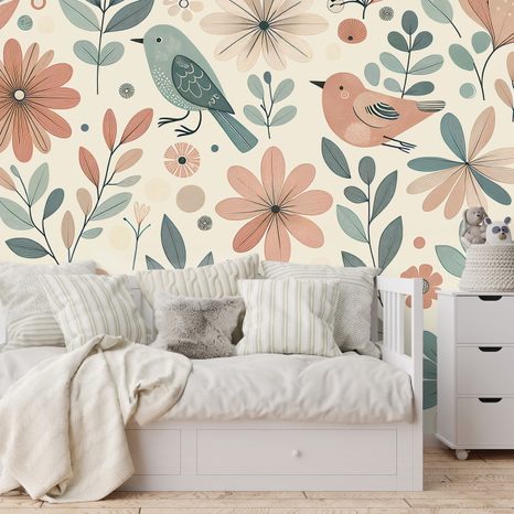 FOTOTAPETA PASTELOVÍ PTÁČCI A KVĚTINY - TAPETY PTÁCI - TAPETY