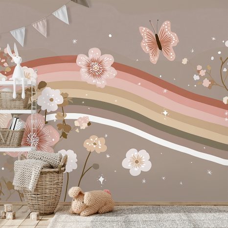 FOTOTAPETE PASTELLFARBENE BLUMEN UND REGENBOGENSTREIFEN - KINDERTAPETEN - TAPETEN