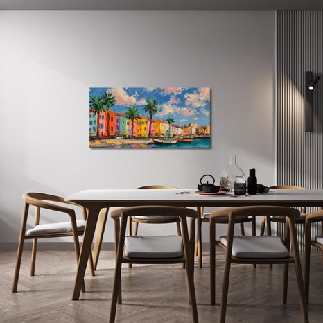 WANDBILD SONNIGE STADT MIT PALMEN - BUNTE HÄUSER - BILDER