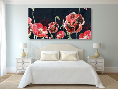 WANDBILD ROTE MOHNBLUMEN AUF SCHWARZEM HINTERGRUND - BILDER BLUMEN - BILDER