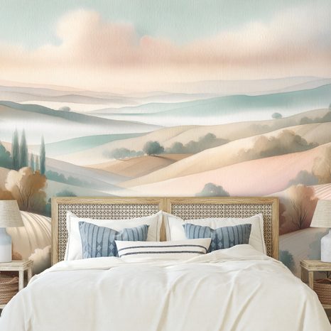 SAMOLEPÍCÍ FOTOTAPETA PASTELOVÁ KRAJINA S JEMNÝMI KOPEČKY - TAPETY POLE A LOUKY - TAPETY