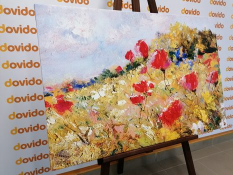 WANDBILD GEMALTE MOHNBLUME AUF DER WIESE - BILDER BLUMEN - BILDER