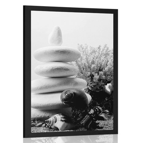 POSTER ZEN-STEINE MIT MUSCHELN IN SCHWARZ-WEISS - SCHWARZ-WEISS - POSTER