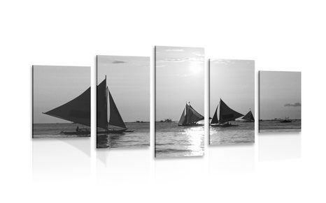 TABLEAU EN 5 PARTIES – MAGNIFIQUE COUCHER DE SOLEIL SUR LA MER EN NOIR ET BLANC - TABLEAUX EN NOIR ET BLANC - TABLEAUX