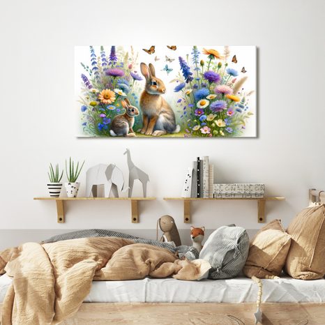 WANDBILD WIESENBLUMEN UND HÄSCHEN ZWISCHEN SCHMETTERLINGEN - KINDERBILDER TIERE - BILDER