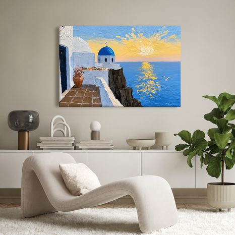 TABLEAU SUR TOILE – ÉGLISE GRECQUE AU-DESSUS DE LA MER - TABLEAUX LEVER ET COUCHER DE SOLEIL - TABLEAUX