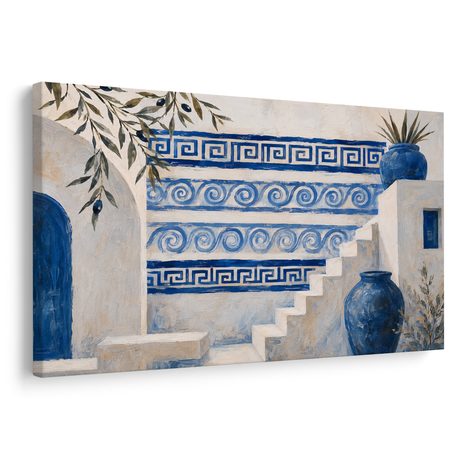 TABLEAU SUR TOILE – ESCALIER GREC EN ÉLÉGANCE BLEU ET BLANC - TABLEAUX DE LA VILLE - TABLEAUX