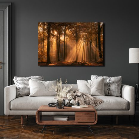 TABLEAU SUR TOILE – RAYONS DORÉS DANS LA FORÊT - TABLEAUX FORÊT - TABLEAUX