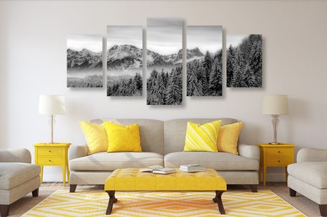 TABLOU 5-PIESE MUNȚII ÎNGHEȚAȚI ÎN DESIGN ALB-NEGRU - TABLOURI ALB-NEGRU - TABLOURI