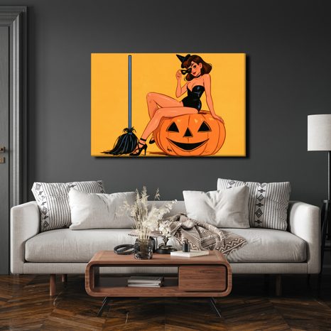 WANDBILD SEXY HEXE AUF EINEM KÜRBIS - HALLOWEEN- UND HORROR-BILDER - BILDER