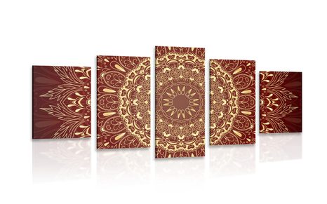 5 PART PICTURE GOLD MANDALA ON A BURGUNDY BACKGROUND