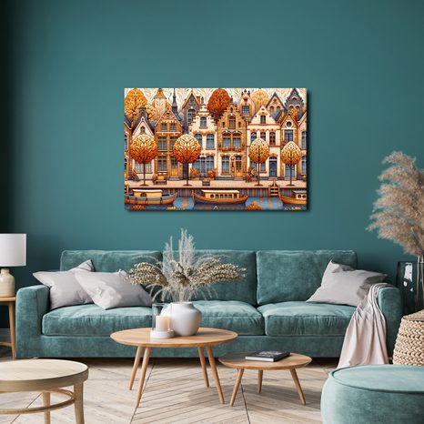 WANDBILD HERBSTLICHE GASSE MIT BOOTEN AM KANAL - BILDER VON STÄDTEN - BILDER