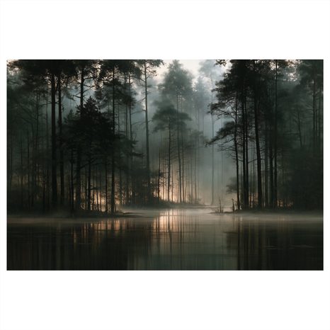 TABLEAU SUR TOILE – FORÊT BRUMEUSE AU BORD DU LAC - TABLEAUX FORÊT - TABLEAUX