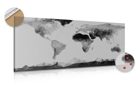 PICTURE ON CORK WORLD MAP IN POLYGONAL STYLE IN BLACK & WHITE DESIGN