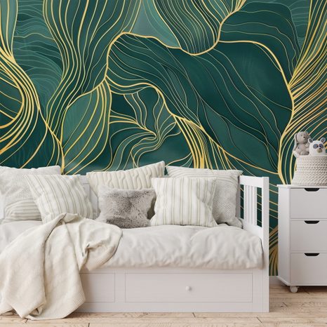 TAPETA ZLATNE LINIJE NA SMARAGDNOJ TEKSTURI - APSTRAKTNE TAPETE - TAPETE
