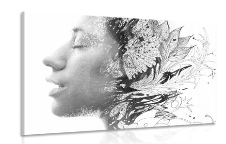 CANVAS PRINT WOMAN WITH PAINTED FLOWERS IN BLACK AND WHITE - BLACK AND WHITE PICTURES - PICTURES