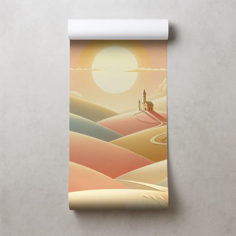 TAPETA PASTELOVÁ KRAJINA S KOSTELEM - TAPETY POLE A LOUKY - TAPETY