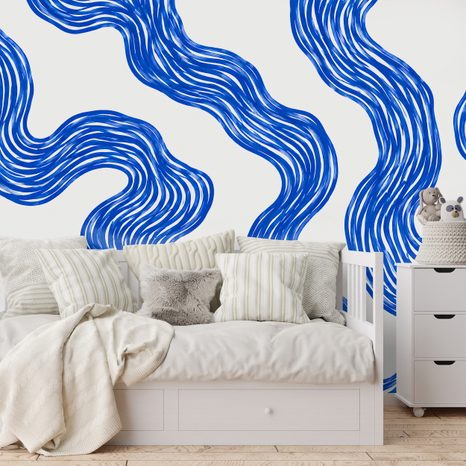 ZELFKLEVEND FOTOBEHANG MODERNE BLAUWE GOLVENDE LIJNEN - FOTOBEHANG MET PATRONEN - FOTOBEHANG