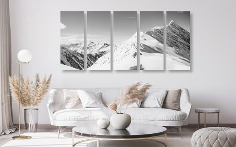 5-TEILIGES WANDBILD SCHNEEBEDECKTE BERGE IN SCHWARZ-WEISS - SCHWARZ-WEISSE BILDER - BILDER