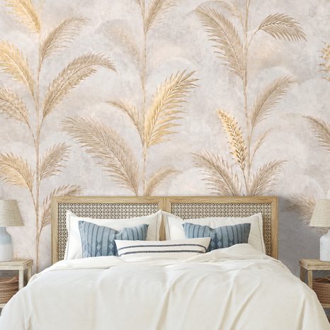 ZELFKLEVEND FOTOBEHANG GOUDEN PALMBLADEREN OP BEIGE - FOTOBEHANG BLADEREN - FOTOBEHANG