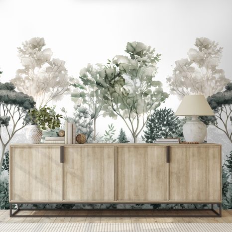 FOTOTAPET AUTOADEZIV PLANTE VERZI ÎN ACUARELĂ - TAPET COPACI - TAPETURI