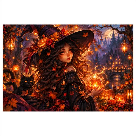 QUADRO SU TELA – STREGA INCANTATA CON ZUCCA - QUADRI HALLOWEEN E HORROR - STAMPE E QUADRI