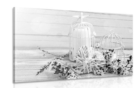 CANVAS PRINT CHERRY BRANCH AND LANTERNS IN BLACK AND WHITE - BLACK AND WHITE PICTURES - PICTURES