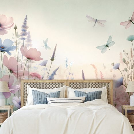 SAMOLEPÍCÍ FOTOTAPETA PASTELOVÉ KVĚTY A VÁŽKY - WALLPAPERS FLOWERS - WALLPAPERS