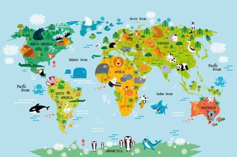 SELBSTKLEBENDE TAPETE WELTKARTE FÜR KINDER MIT TIEREN - SELBSTKLEBENDE TAPETEN - TAPETEN