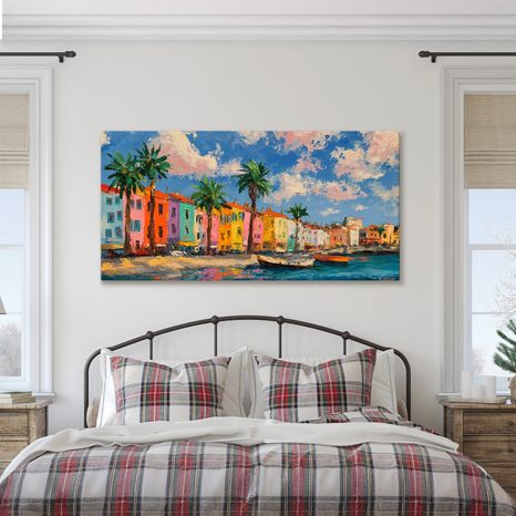 WANDBILD SONNIGE STADT MIT PALMEN - BUNTE HÄUSER - BILDER