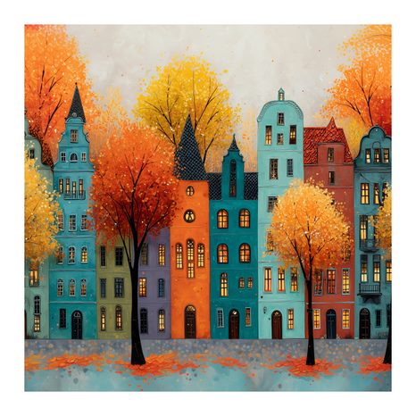 WANDBILD HERBSTLICHE STRASSE MIT BUNTEN BÄUMEN - BUNTE HÄUSER - BILDER